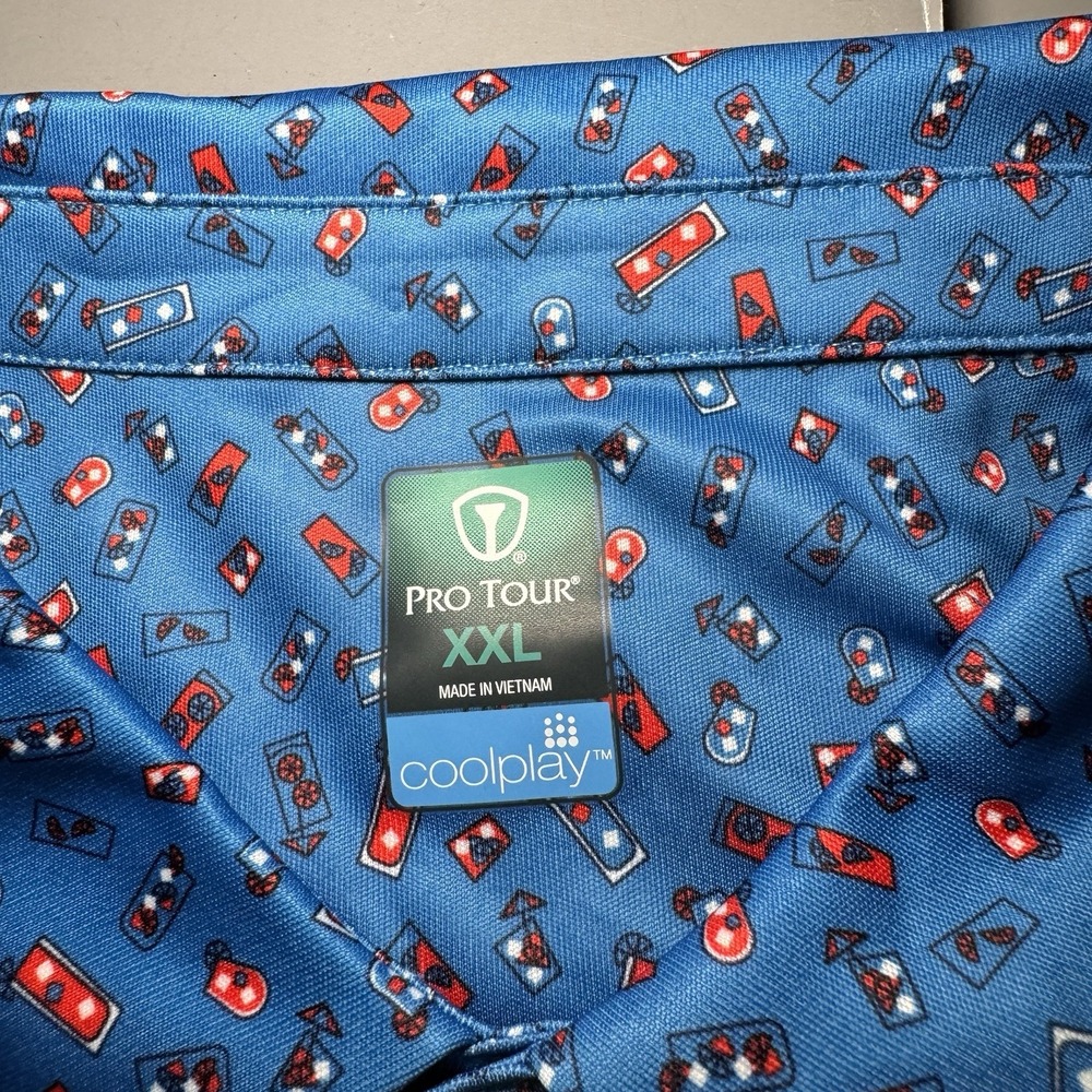 Pro Tour Polo Shirt Mens XXL 2XL Coolplay Drinks Blue Graphic Print AOP New